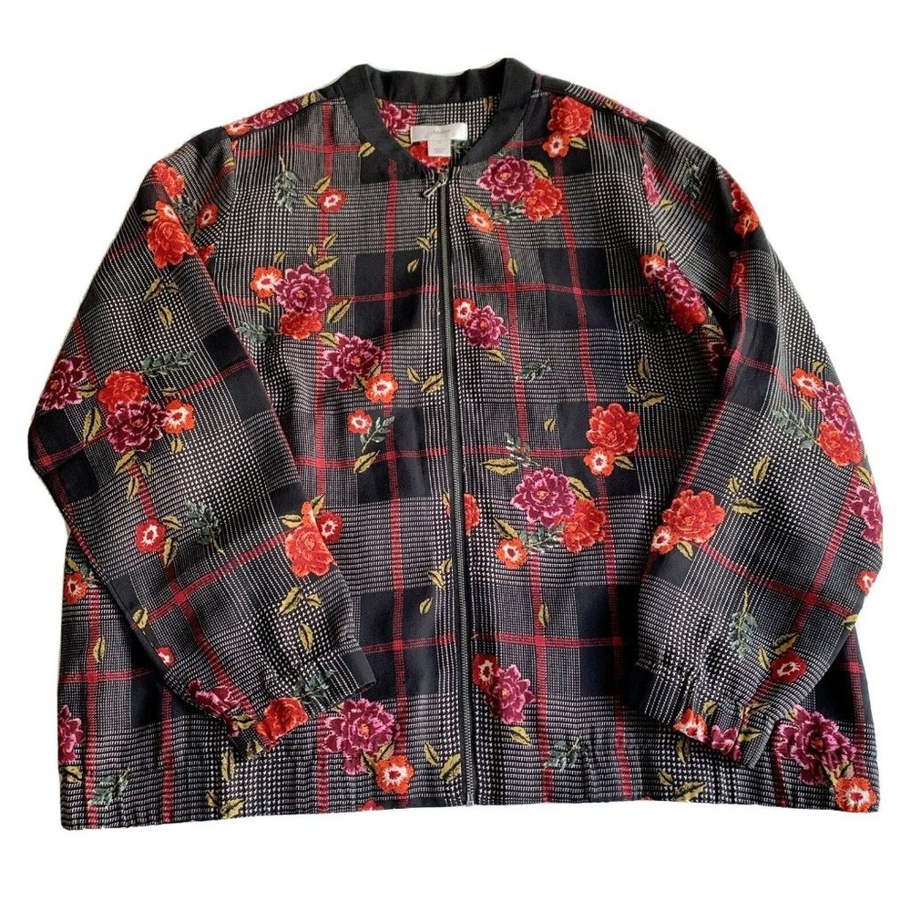 CJ Banks NWT Bomber Jacket Lightweight Floral Plaid Size 1X